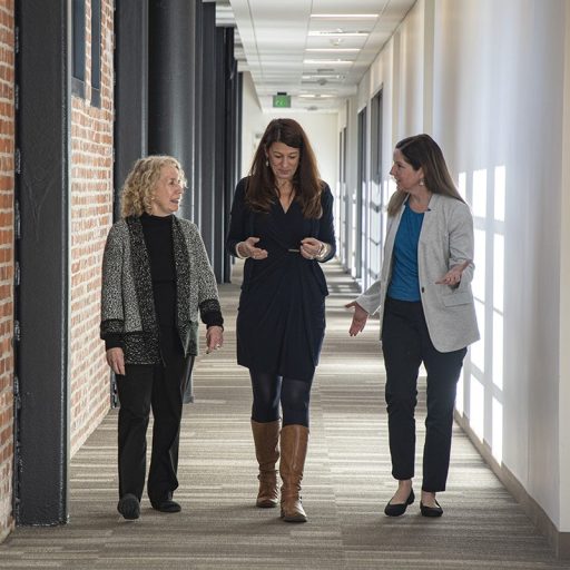 three female nursees walking down the hall in the Providence campus building.