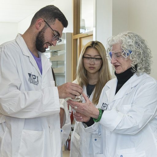 Pharmacy faculty member and students working on a project